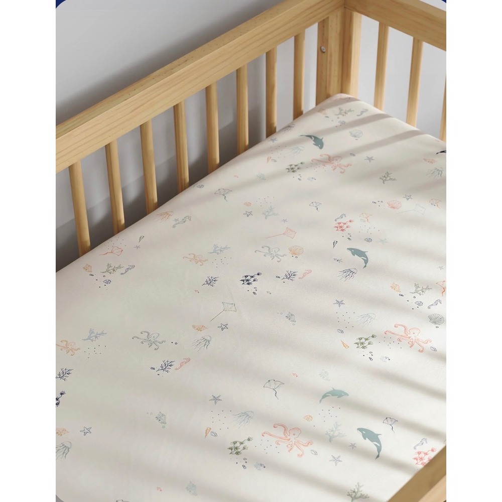 Nestig Seascape Organic Cotton Crib Fitted Sheet Ocean Whale Octopus Print